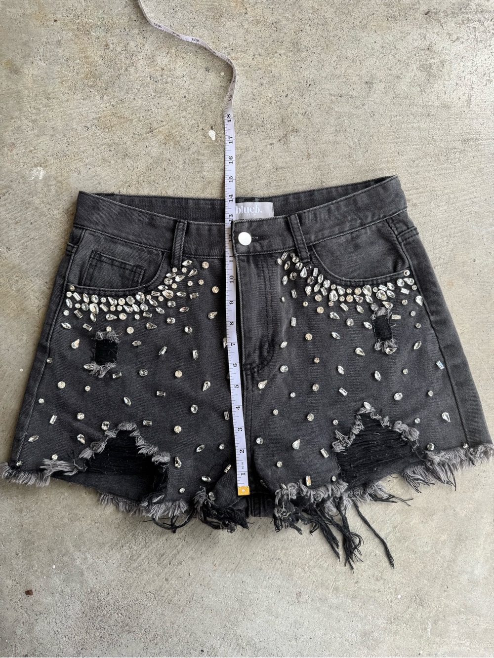 Black Rhinestone Distressed Denim Shorts Large Nashville Festival Bedazzled - Picture 9 of 12